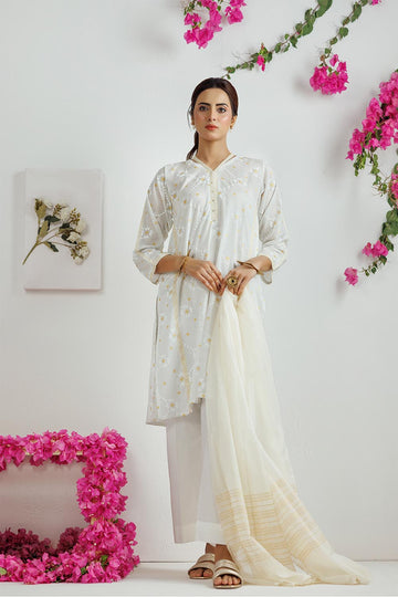 LAD-03169 | White & Gold | Casual 3 Piece Suit | Cotton Lawn Printed
